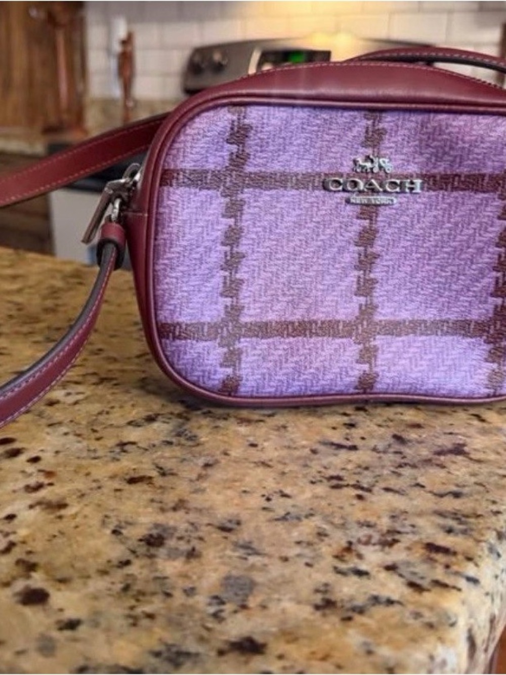 Coach Lilac Plaid Crossbody with Burgundy Trim